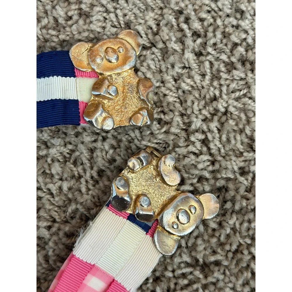 Vintage Patchwork Grosgrain Ribbon Belt Brass Koala Bear Buckle Pink Navy 32in